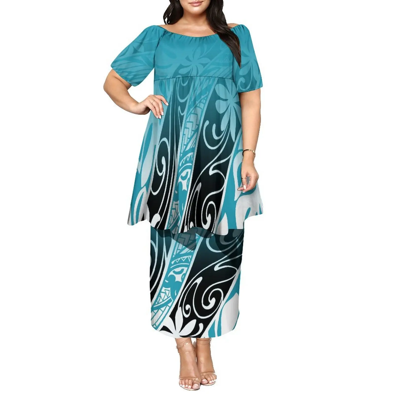 Vestido feminino estampado polinésio personalizável, sem impostos, manga borboleta, manga média, camada dupla, design, vestido puletasi