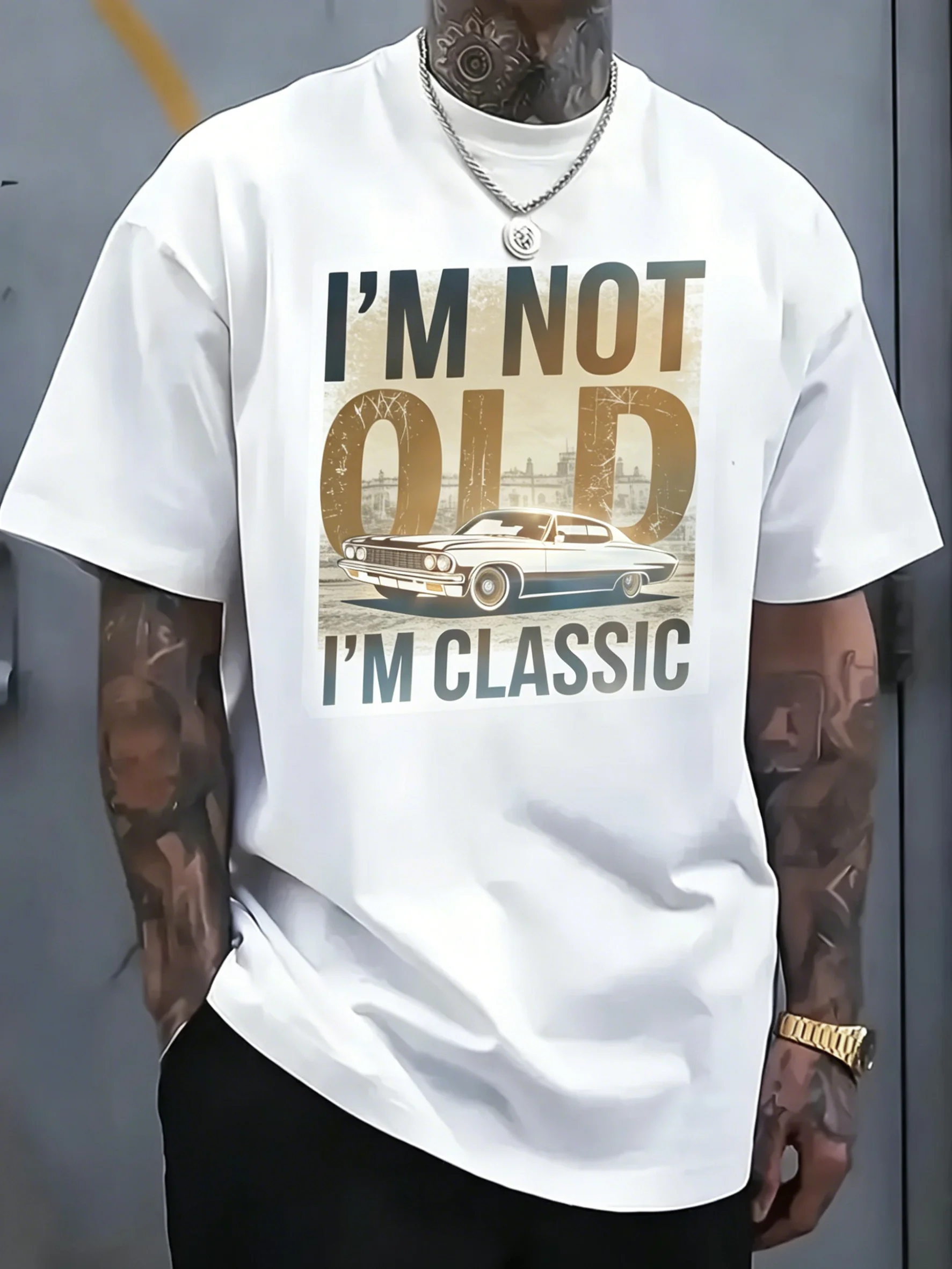 Flat Print Classic Car Theme T-Shirt, Easy Loose Fit, Breathable and Skin-Friendly, Effortlessly Capturing American Retro Street Style
