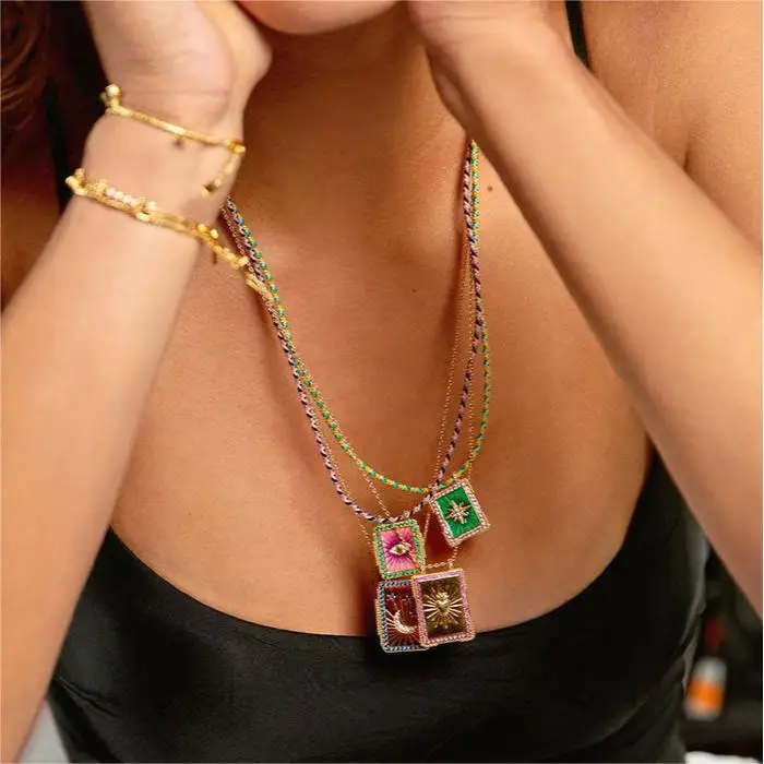 Bohemian Drip Oil Necklace Rhinestone Colorful Rope Sun Moon Devil's Eye Tarot Card Necklaces Jewelry Rope Color Random