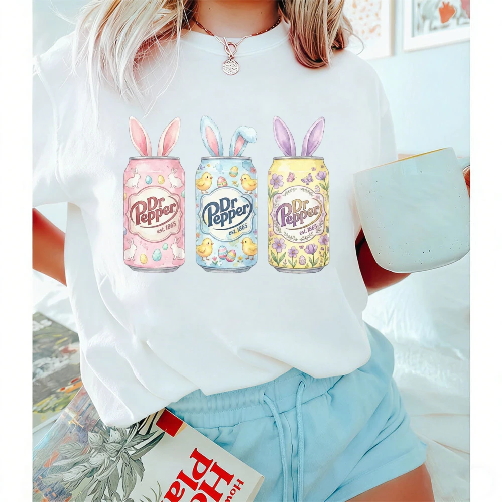 Easter Dr Pepper Bunny Can Design Women T-Shirt Cotton Short Sleeve Casual Summer Fashion Top Gift for Her Easter Party Wear