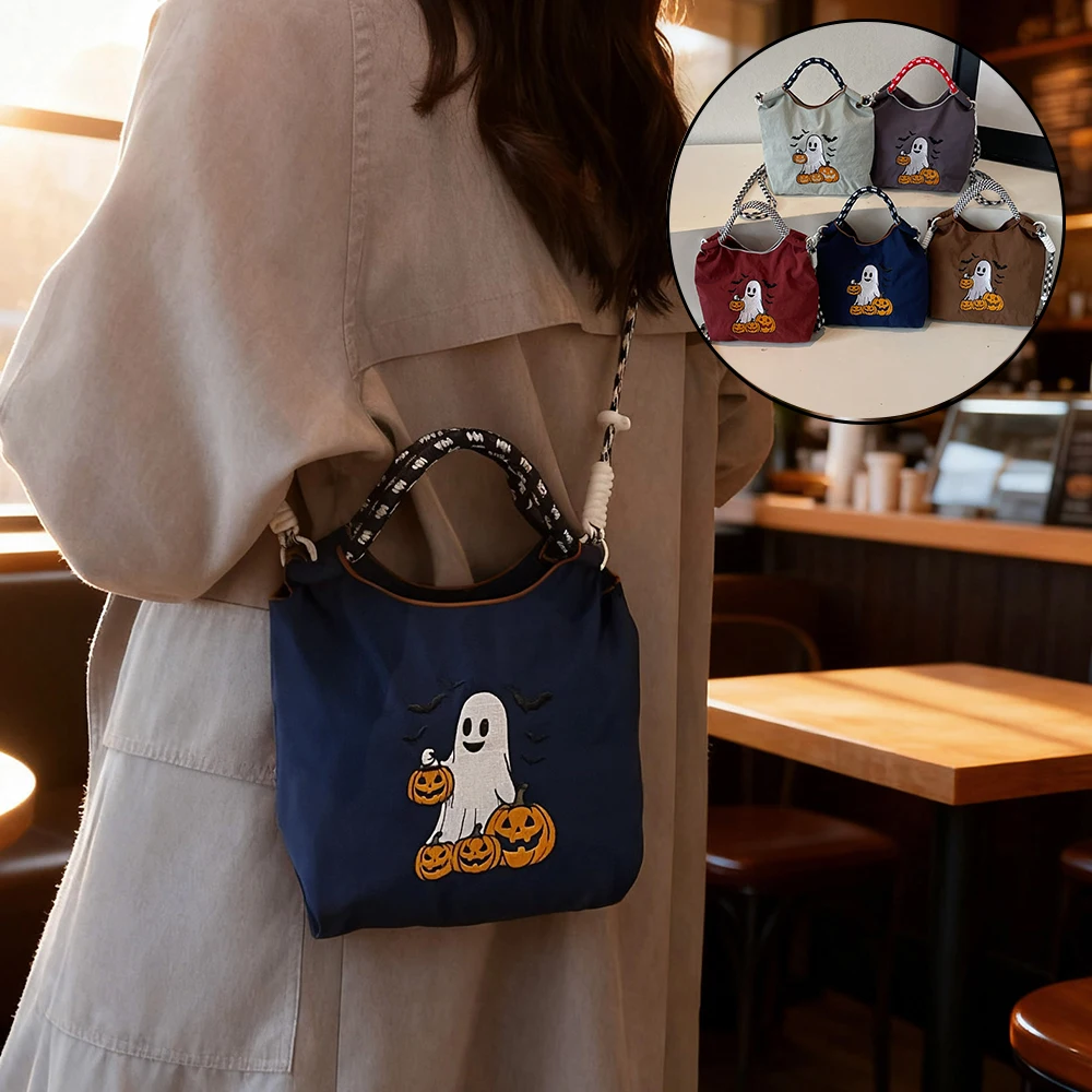 

Сумка через плечо с вышивкой тыквы на Хэллоуин, повседневная дорожная сумка для ручной клади, легкая маленькая тканевая сумка для работы