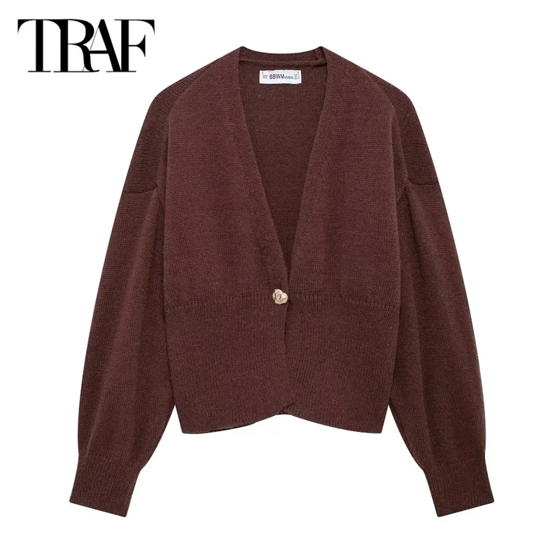 TRAF Brown Cropped Cardigan 2024 Women's Autumn Long Sleeve Knitted Sweater Coat Elegant Casual Short Knitwear Outerwears