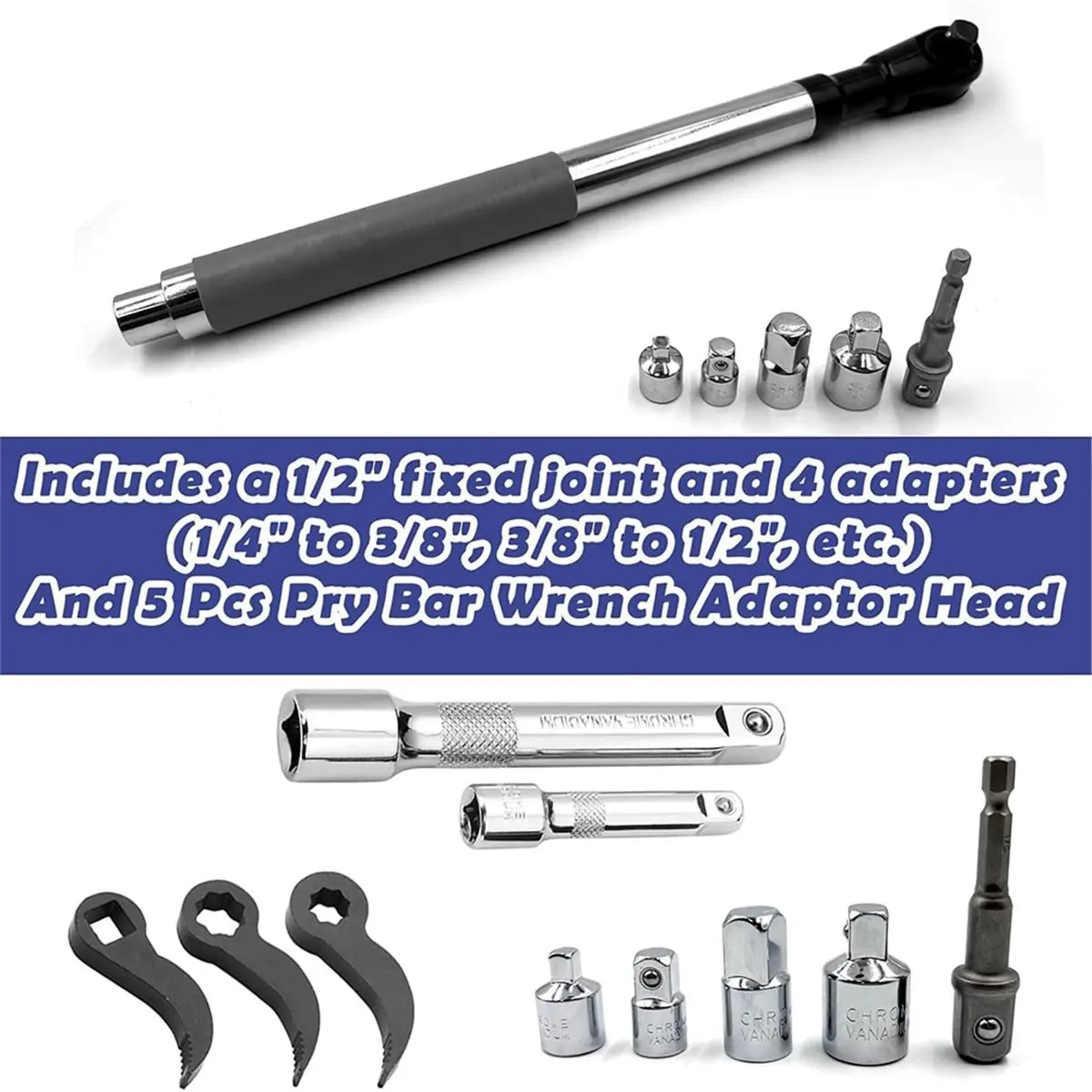 Offset Extension Wrench Impact, High Torque Electric Ratchet Wrench with 4 Socket Adapters, Pry Bar Wrench Adaptor Head