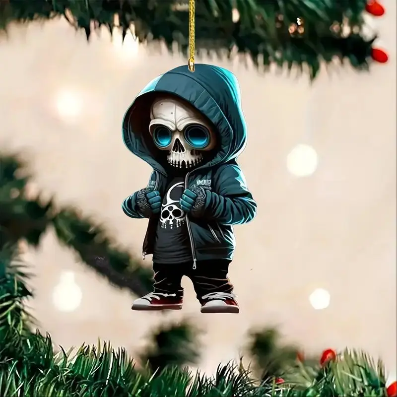 1pc 2D flat creative decorative pendant, super cool skeleton/special forces theme, Halloween decoration, gift keychain
