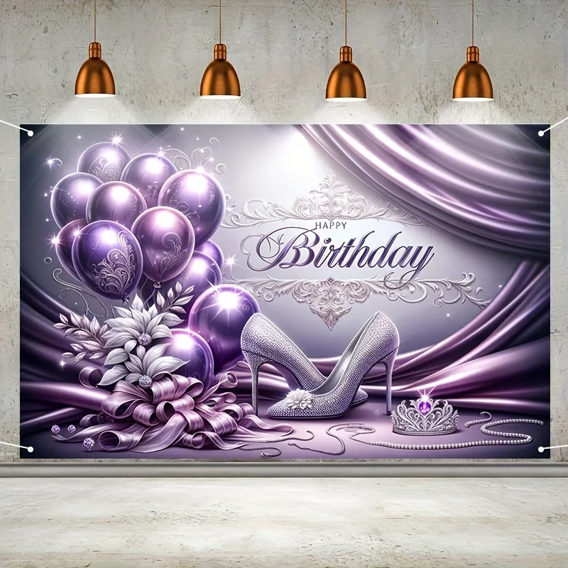 Silber lila Geburtstag Fotografie Hintergrund Stoff, lila Luftballons Silber lila High Heels Geburtstags feier Banner Dekoration