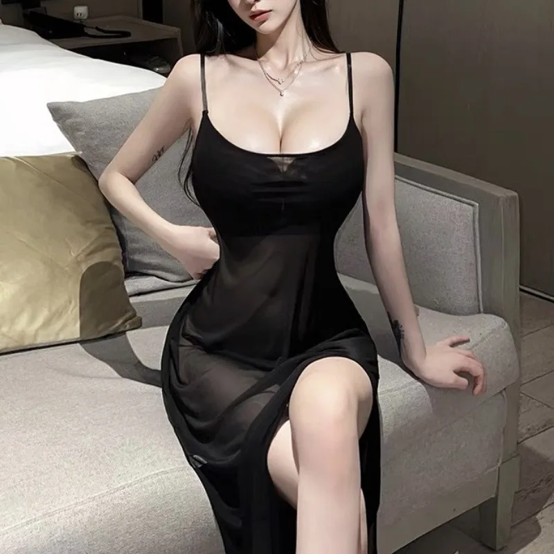 Sexy Mesh Lingerie Women's Pajamas Dress Sexy Camisole Slit Shaped Nightgown No Need To Take Off Long Night Dress Womens Dresses