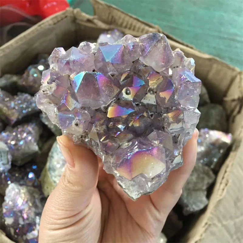 

Natural Stones Aura AB Color Quartz Amethyst Cluster Crystal Healing Gemstones Reiki Home Decoration