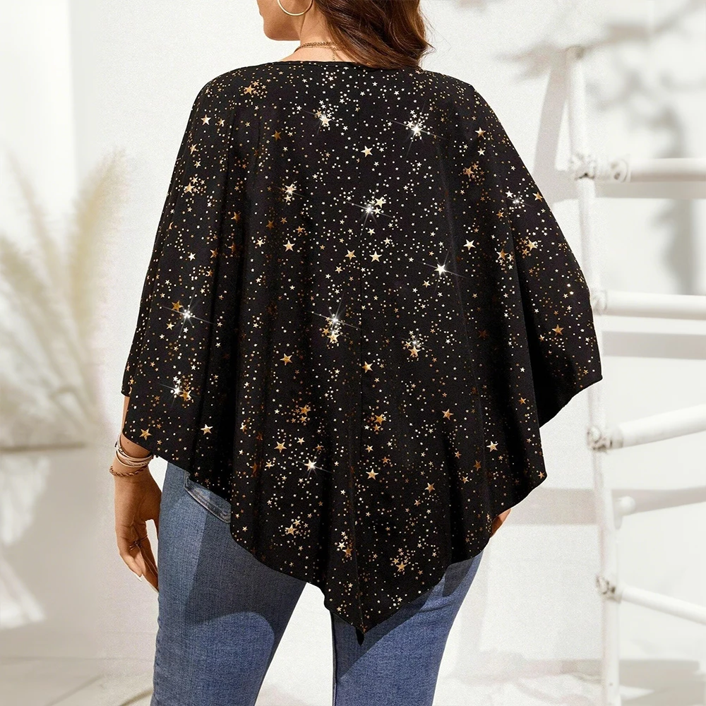 Christmas Women Star Hot Stamping Top Asymmetrical Hem Plus Size Round Neck Autumn/Winter Cloak Loose 3/4 Sleeve Sweater T-shirt