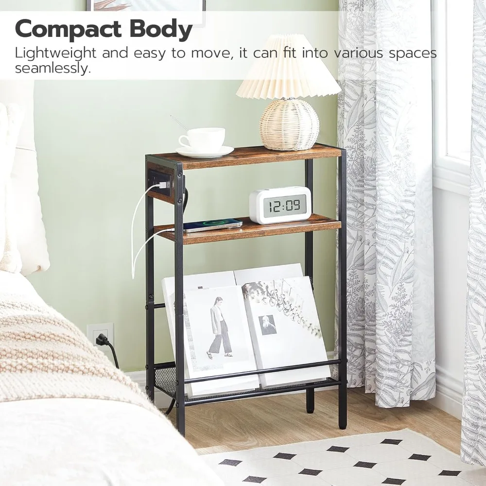 충전 스테이션이 있는 작은 좁은 사이드 테이블, 작은 공간을 위한 슬림한 엔드 테이블, USB 포트가 있는 슬림한 나이트스탠드