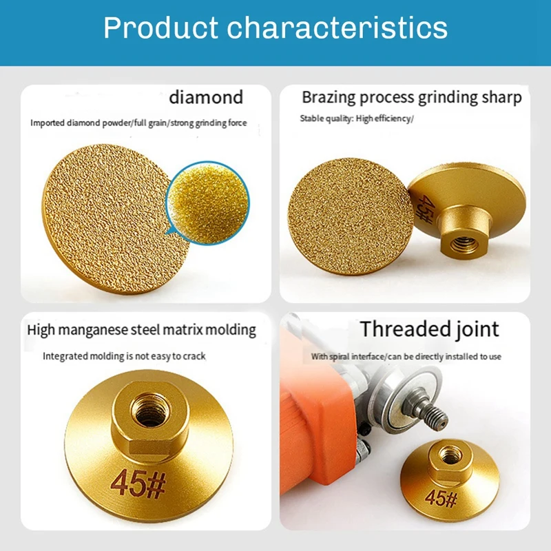 2 Piece 60 M10 Brazed Flat Grinding Head Gold Diamond Abrasive Polishing Stone Marble Quartz Cobblestone Grind