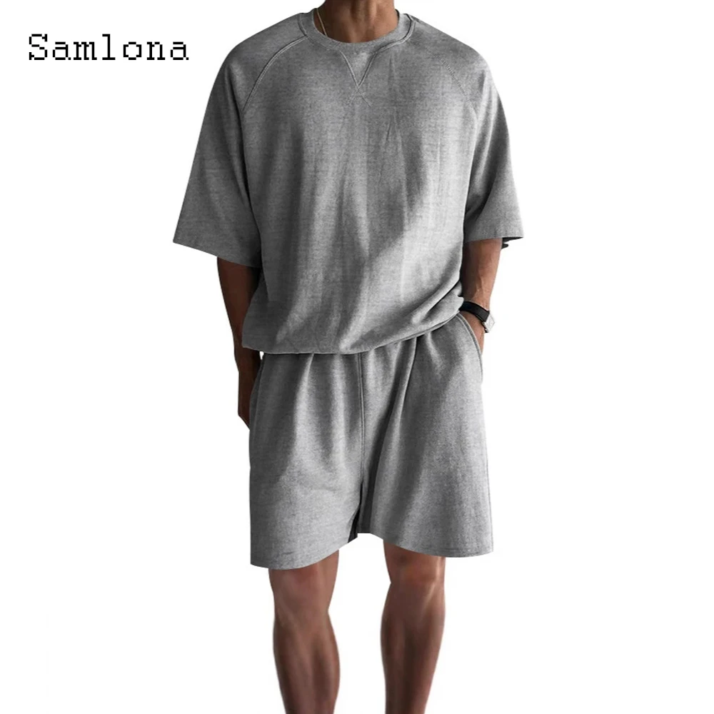 

Mens Casual Board Two Piece Sets 2026 New Summer Fashion Basic Top Pollovers and Solid Gray White Short Pant Male Tracksuits Set