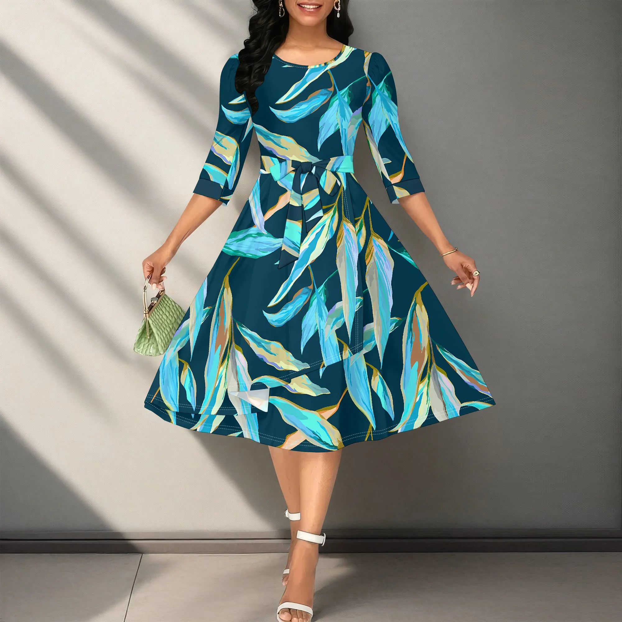 

Women's Spring And Summer Dress, 3D Fashionable Printed Seven Quarter Sleeve Dress