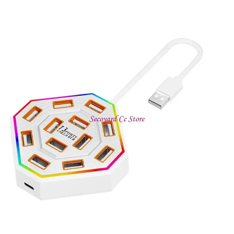 N3UC 13 Port USB Splitter for Device Access, 10 USB-A and 3 Type C Outlets, USB-A Cable and Color Side Light for Desk Use