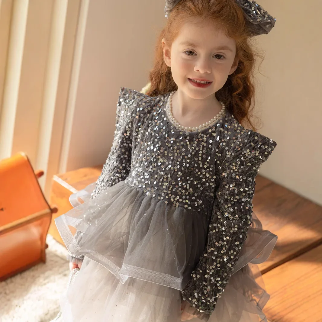 Baby Girls Dress Fashion Sweet Glitter Spliced Tulle Tiered Dress 2024 Autumn Winter New Style Childrens Formal Princess Dress