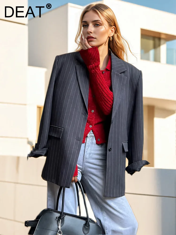 DEAT Fashion Women's Blazer Notched Collar Long Sleeves Vertical Stripes Single Breasted Suit Jackets Autumn2024 New 7AB4788