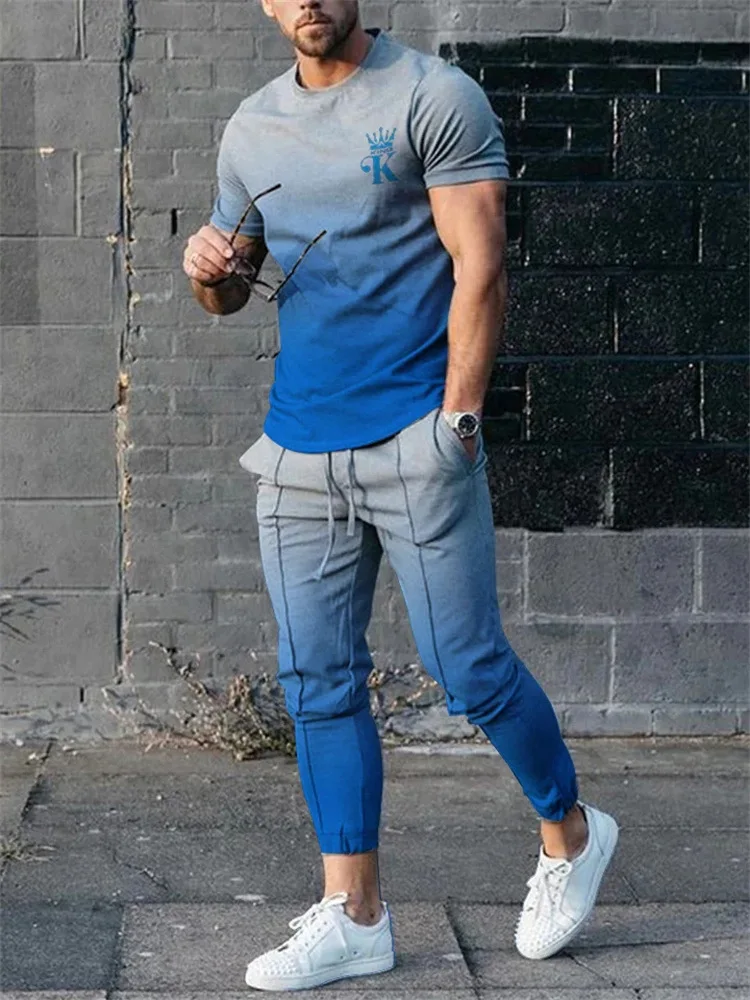 New Arrival Funny Smile Men Trousers Tracksuit 2 Piece Sets Short Sleeves T Shirt+Long Pants Outfits Casual Suits Men‘s Clothes