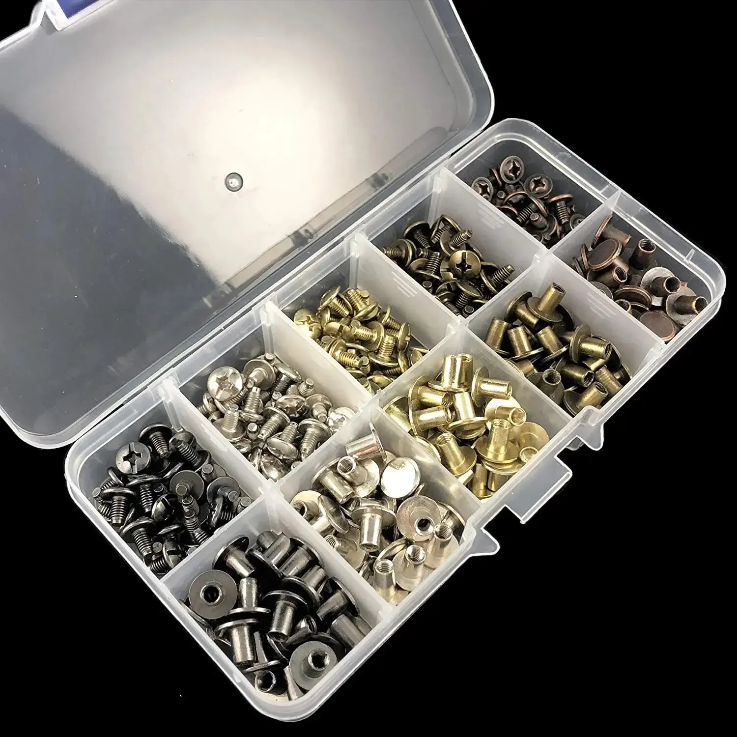 150 Sets Round Flat Head Screws Buttons Metal Screwback Studs Rivets for Leather Crafting 8MM (Mixed in Box)