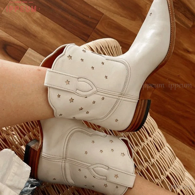 IPPEUM White Cowboy Boots For Women Leather Ankle Short Star Shoes Country Western Cowgirl Shoes botas femininas tendencia 2023