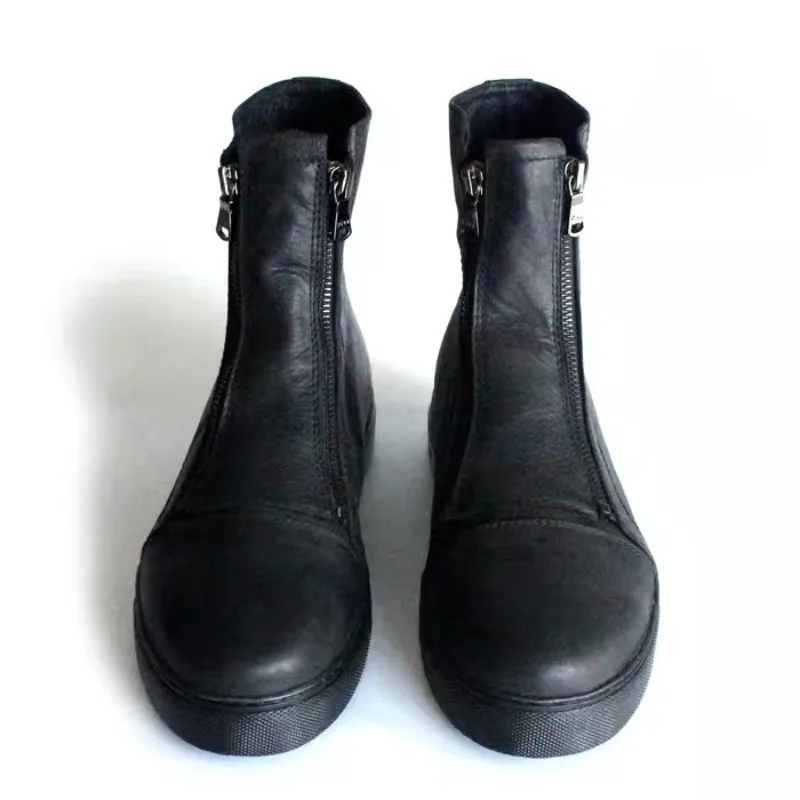 Men Genuine Leather Double Side Zippers High Top Shoes Ankle BootsThick Platform Sole Punk Casual Daily Walking Chelsea Boots