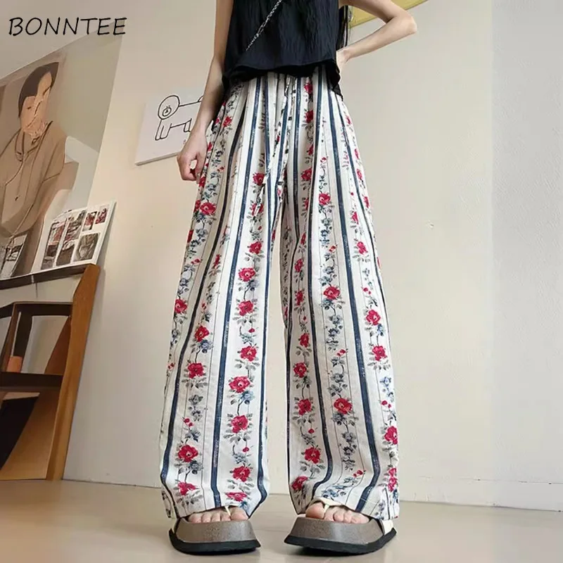 Floral Pants Women Retro Chinese Style Lazy Holiday Ice-silk Cozy All-match Personality Streetwear Spring Summer Trousers Ins