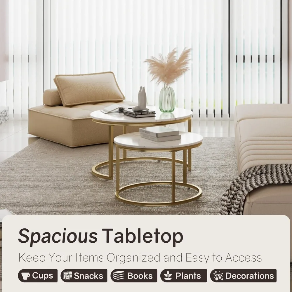 مجموعة طاولات متداخلة مكونة من 2، طاولة قهوة مستديرة 31.5، طاولة قهوة صغيرة متداخلة مع رسوم قابلة للتعديل غير قابلة للانزلاق، سطح من الرخام الأبيض #4