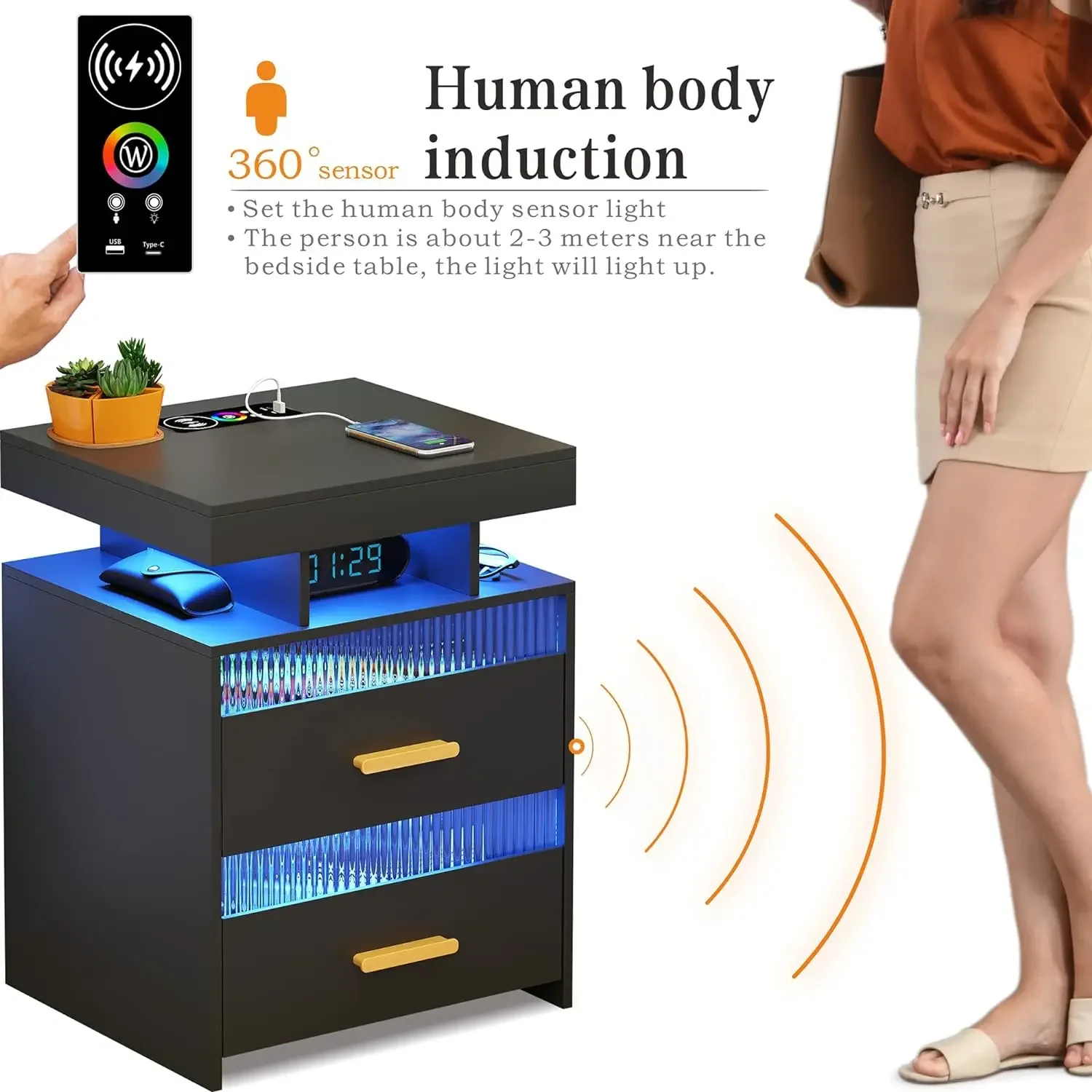 Black Nightstand with Charging Station: LED Bedside Table with 2 Drawer & Open Storage Shelf Smart End Table with Human Sensor