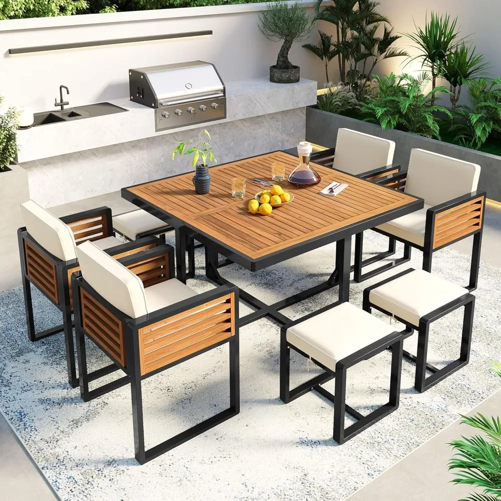 

9 Pieces Outdoor Dining Set for 8 People, Wood Patio Furniture Sets with 1 Square Table, 4 Cushioned Chairs and 4 O