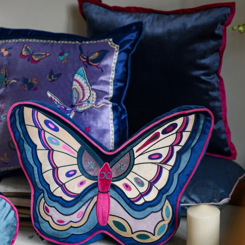 Luxury Chinoiserie Butterfly Throw Pillow Cover Purple Blue Velvet Embroidered Cushion Cases Whimsical Decorative Bolster Pillow