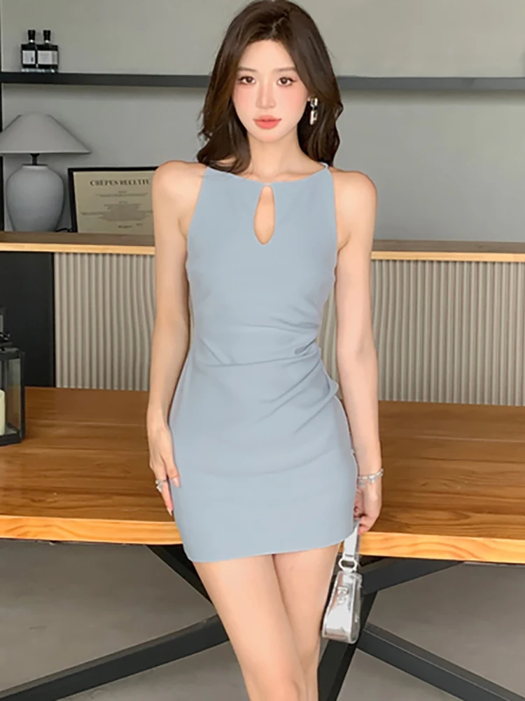 

2025 Blue Bodycon Chic Hollow Out Sexy Mini Dress Summer Elegant Casual Sleeveless Dress Women Korean Fashion Festival Vestidos