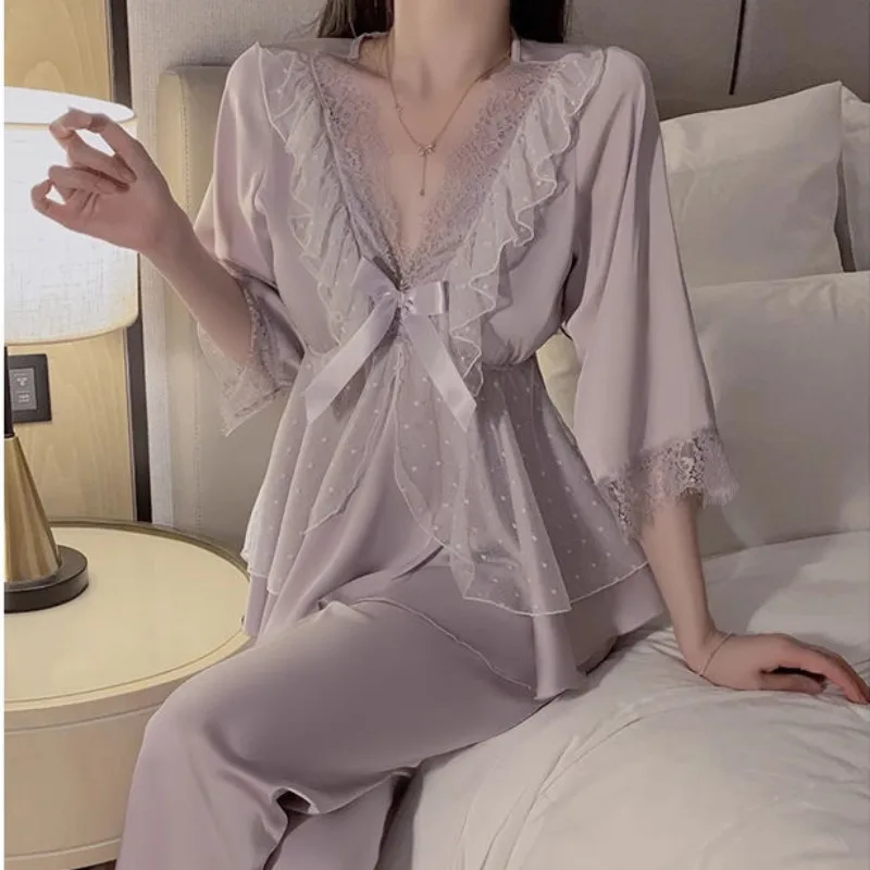 Spring Summer Large Size Loungewear Women\'s Lace V-neck Sleepwear Ice Silk Pajamas French Version Sexy Sweet Thin Homewear Set