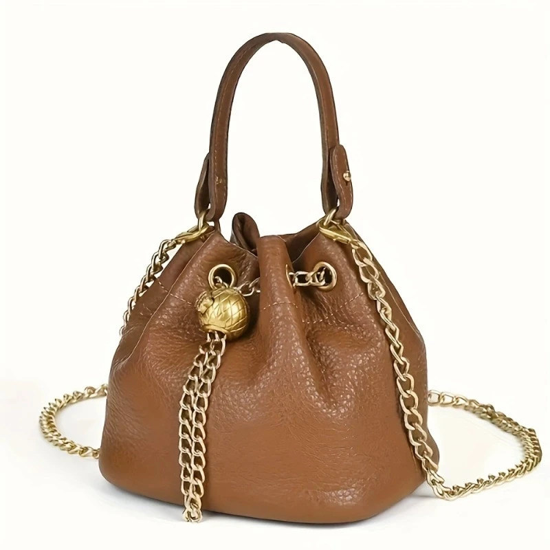 

Crossbody Bag Metal Drawstring Versatile Women's Handbag Genuine Leather Strap Design Chain Vintage Bucket Bag