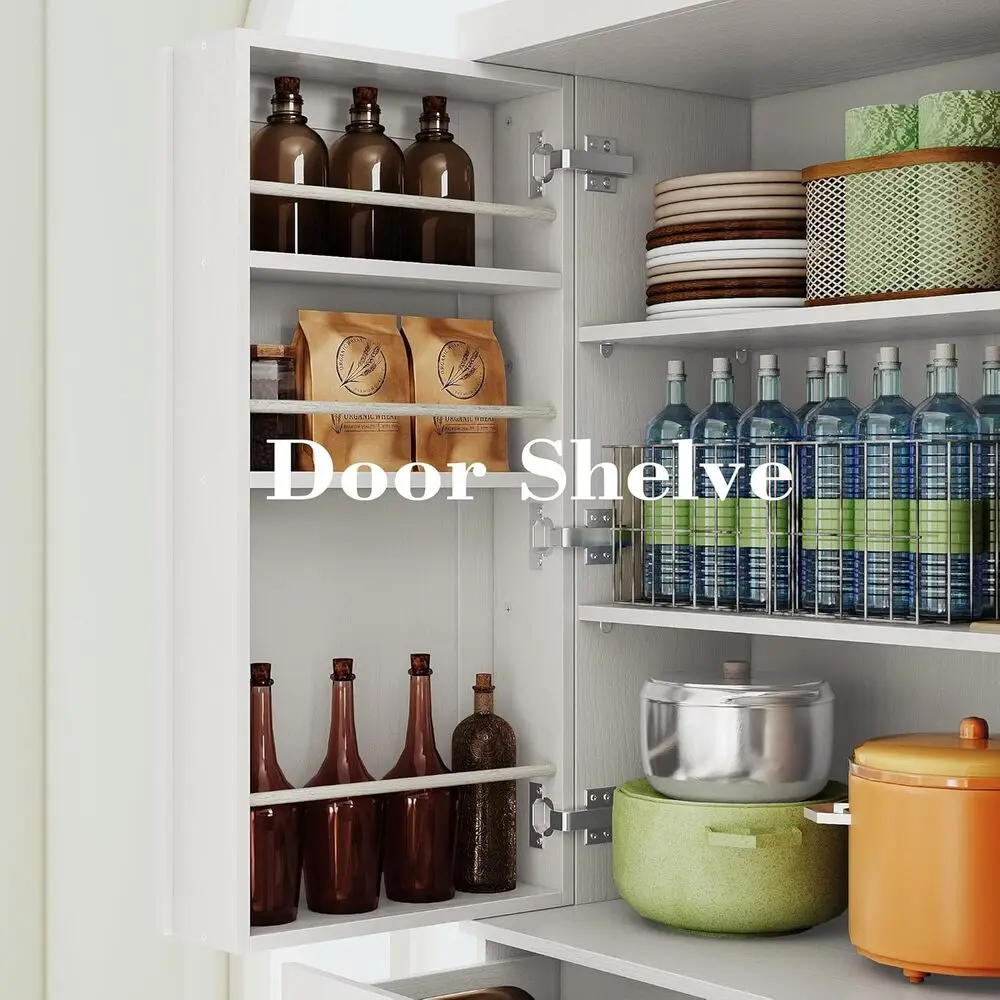 خزانة مطبخ IRONCK بارتفاع 72 بوصة، وخزانة قائمة بذاتها مع درج، و6 أرفف معلقة لغرفة الطعام، والغسيل، باللون الأبيض