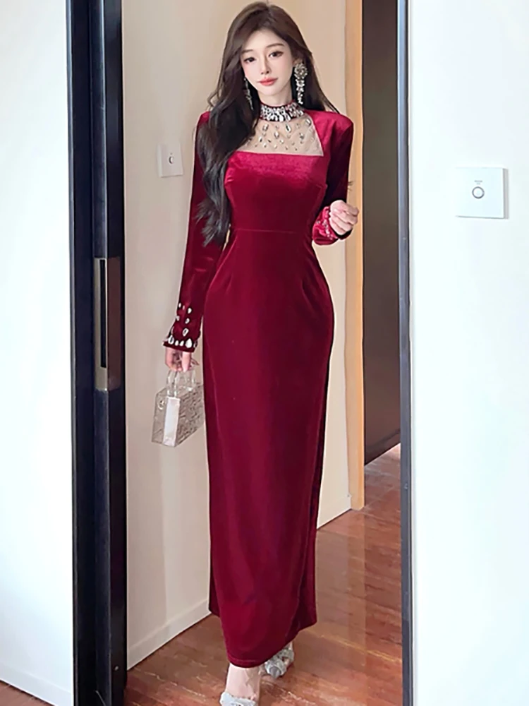 

2024 красное бархатное шикарное прозрачное сексуальное длинное платье с бриллиантами, женское элегантное роскошное праздничное платье, осень-зима, корейское облегающее ночное платье