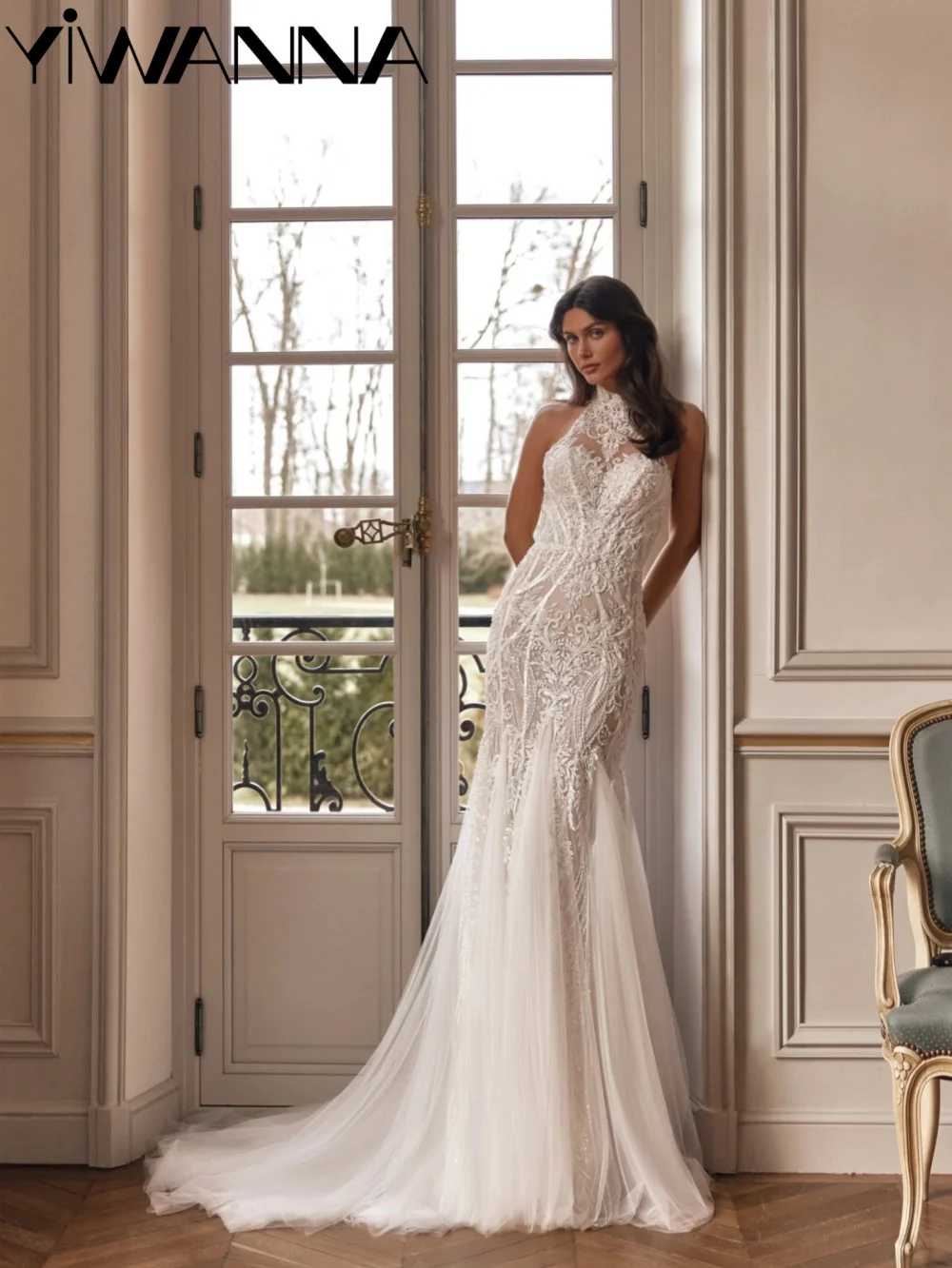 

Luxury Beaded Appliques Wedding Dress Dreamy Halter Mermaid Long Bridal Gown Customized Dreamy Backless Dresses For Bride