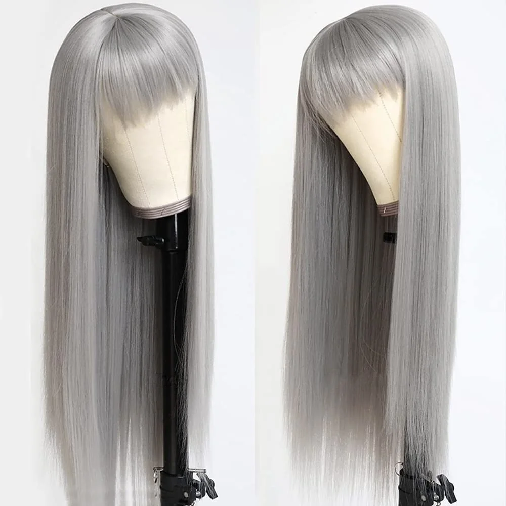 Silver Grey Bone Straight Lace Front Wig With Bangs 13X4 HD Transparent Daily Wear PrePlucked Synthetic Heat Resistant Cosplay