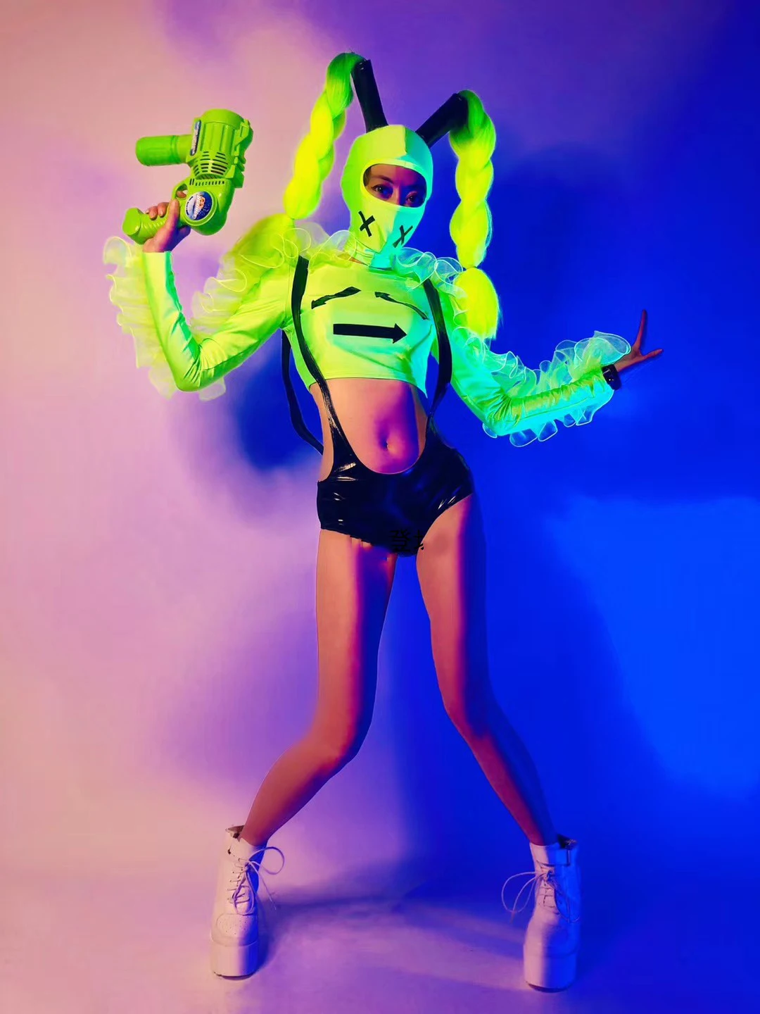 Fluorescent Green Puff Sleeves Tops Pants Bar Women Gogo Dancer Dj Stage Costumes Party Performance Outfit Rave Clothes