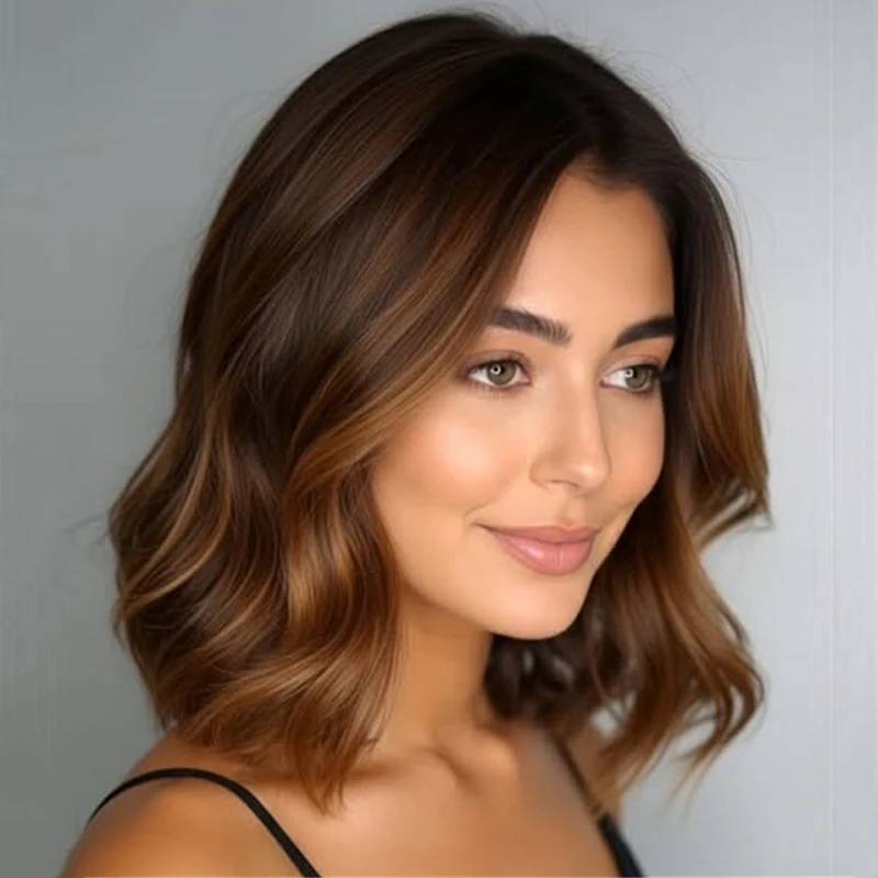 

13x4 Lace Front Wig Caramel Brown Highlights Synthetic Short Wavy 10" Glueless Wig for Party Cosplay Daily Wear Affordable Wig
