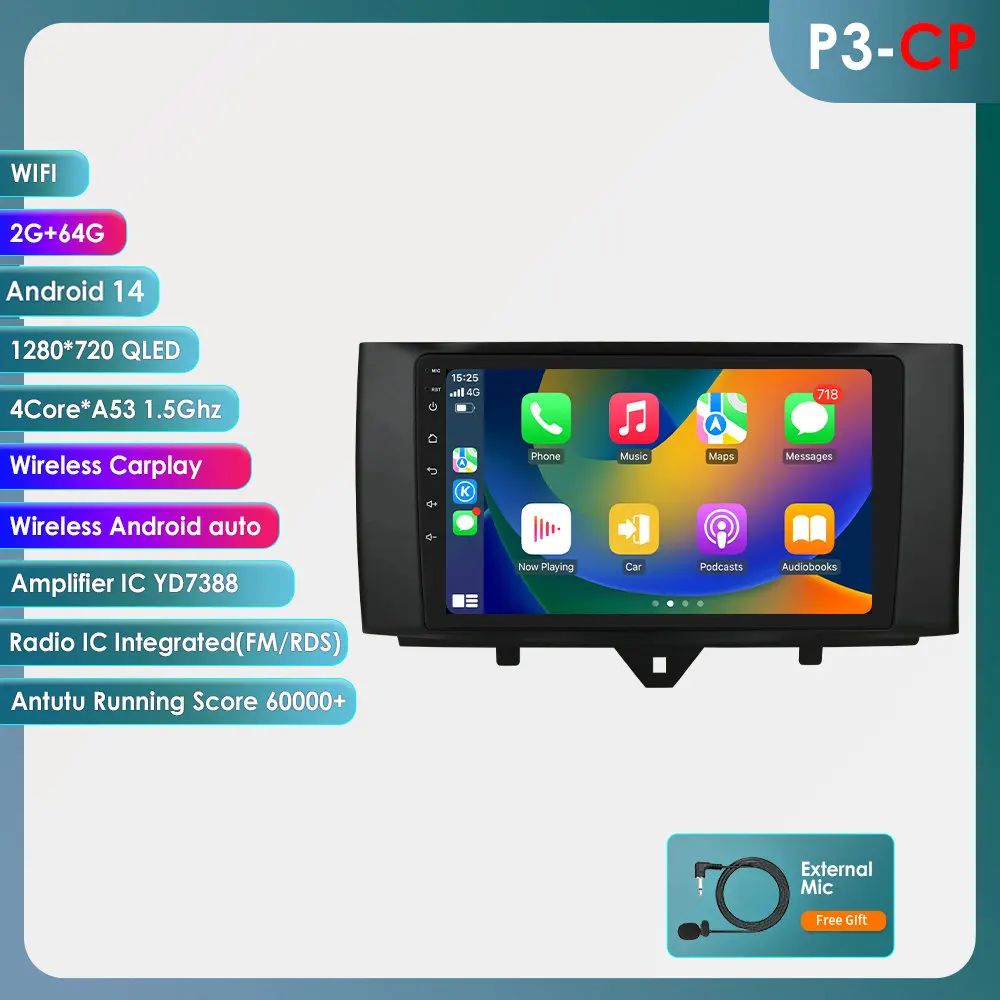 Draadloze CarPlay Android Auto autoradio voor Smart Fortwo 451 2010 - 2015, 2 DIN multimedia stereo met ingebouwde koelventilator, GPS-navigatie, SWC, Bluetooth, FM, RDS, DSP, IPS-scherm, intelligente