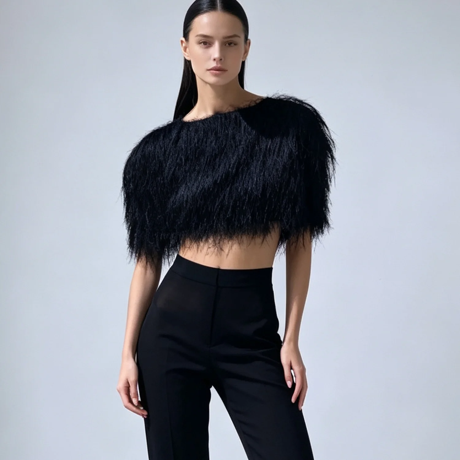 PUAL  2026 New  Fluffy Fringe Crop Top Women O Neck Sleeveless Textured Short Blazer Fashion Street Club Party Outerwear