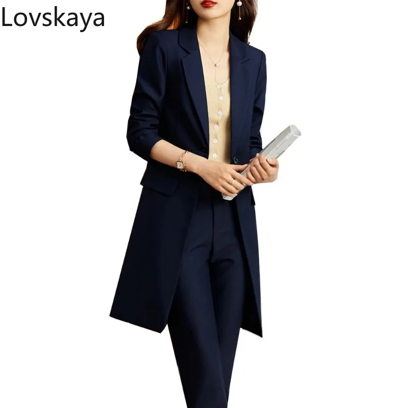 

Long Blazer Set Jacket and Trouser 2 Pieces Women Work Wear Formal Pant Suit Ladies Orange Blue Black