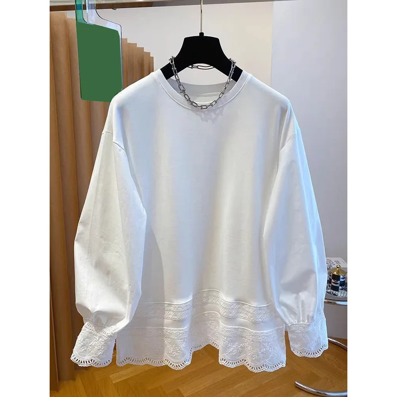 

American Style Air Cotton White Lace Trim Patchwork Long Sleeve T-Shirt For Women Spring Korean Version Loose Solid Color