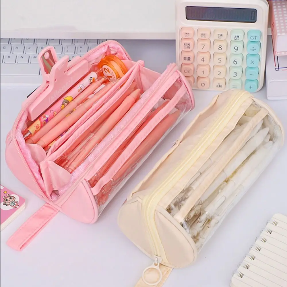 PVC Transparent Pencil Case Dirt Resistant Standing Large Capacity Pencil Bag Multi-functional Simple Zipper Pencil Case