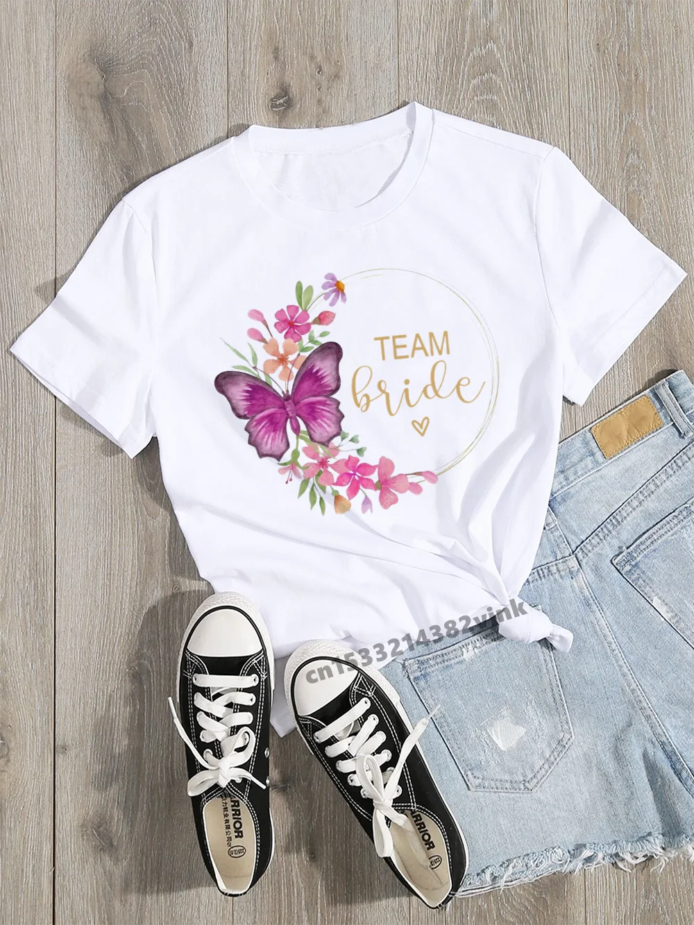 Camiseta casual branca com decote em O, camiseta de manga curta, time floral, noiva, festa de casamento, senhoras, Básico, Solteira, Menina