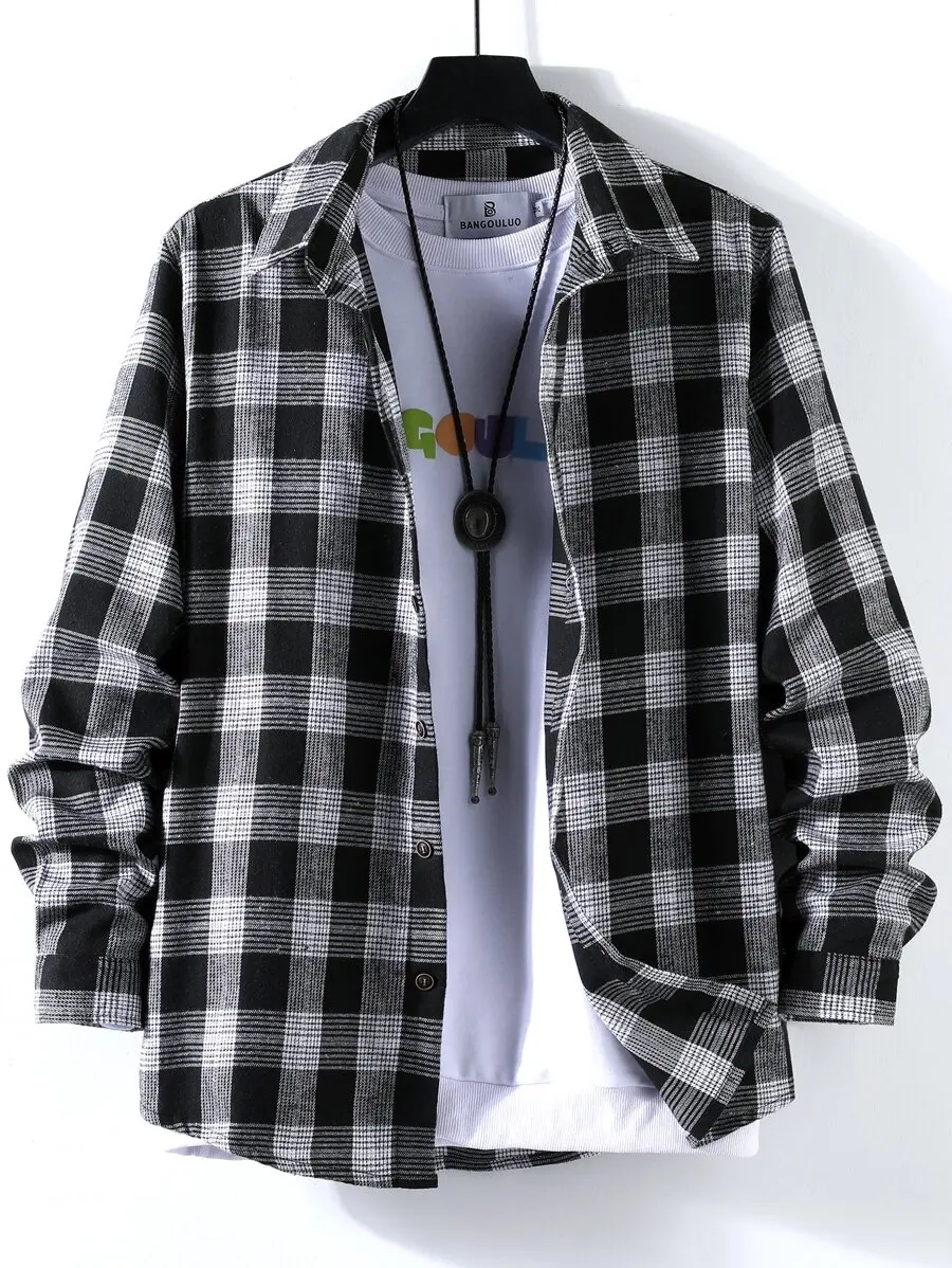

Men's Black and White Plaid Long Sleeve Button-Front Casual Shirt, Fall Daily Wear