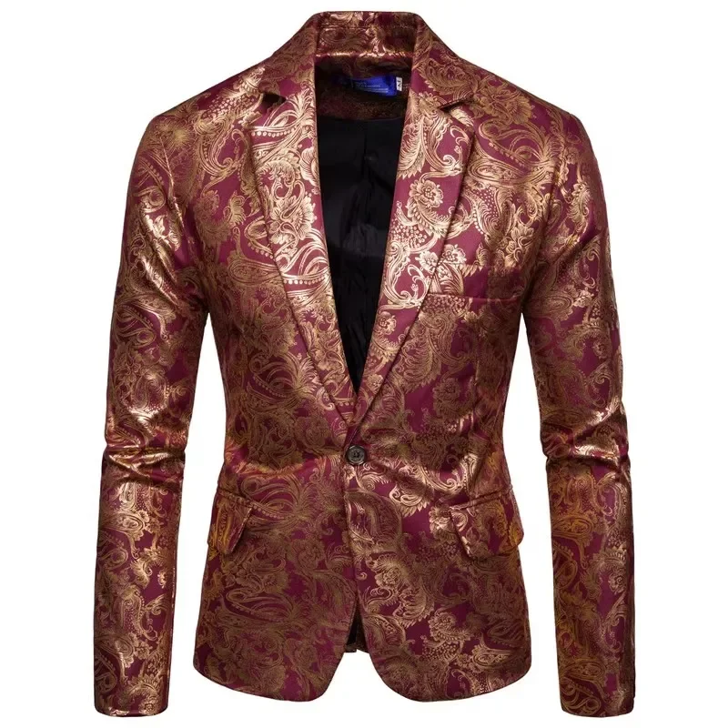 Blazer Estampado Dress Jacket Men Vintage Glossy Gold Bronzing Paisley Floral Printed Wedding Party Dress Men Suit Jacket Coats