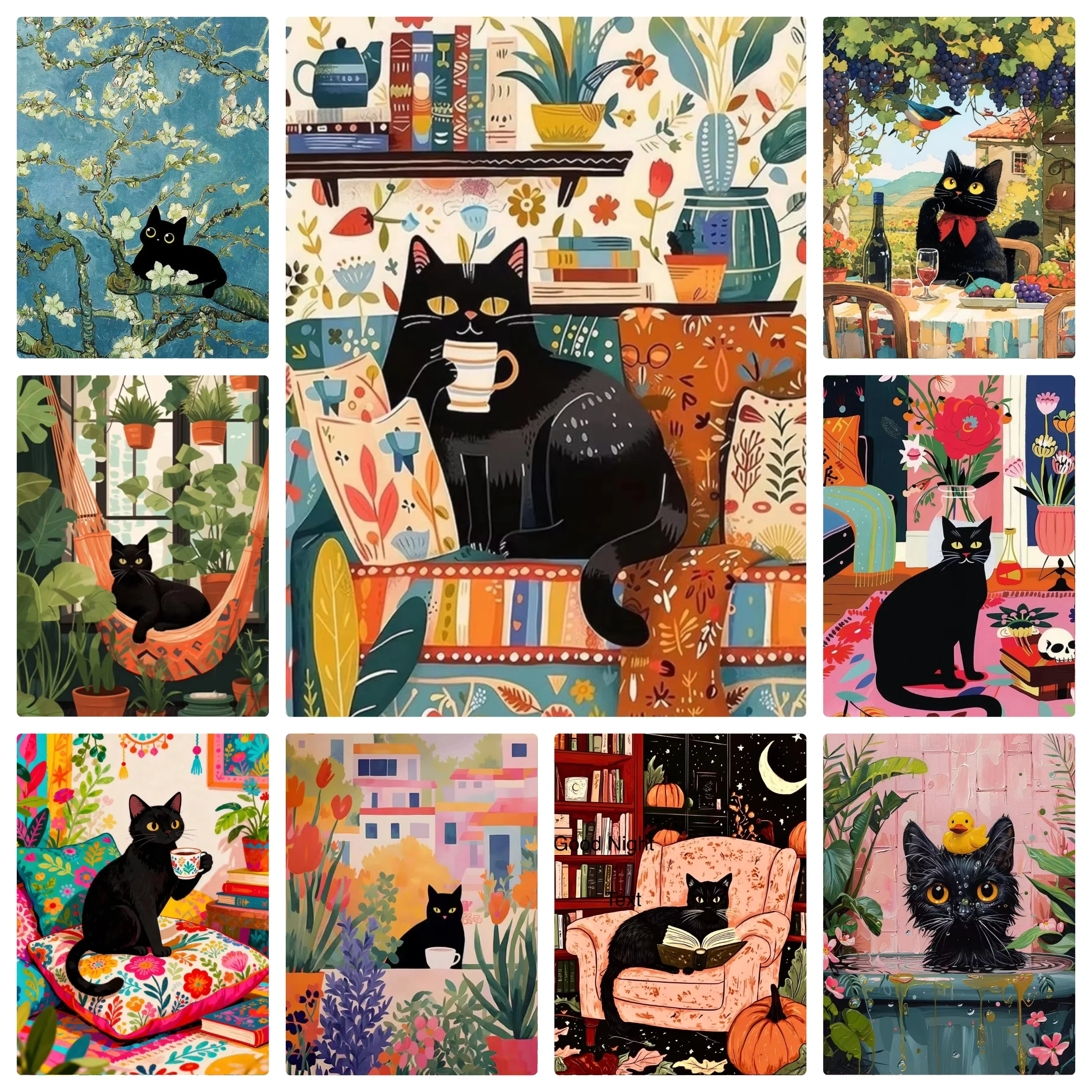 Cartoon Schwarze Katze Buntes Blumenmuster Diamant-Malerei Mosaik-Diamant-Stickerei Handgemachte Kunst Exquisites Geschenk Heimdekoration