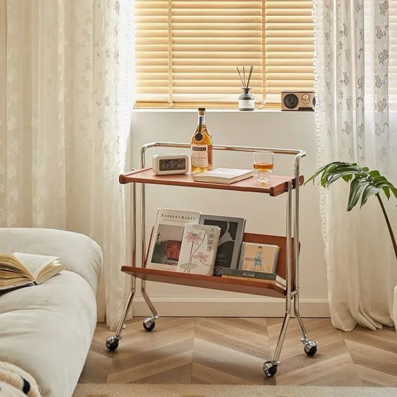 Movable trolley sofa side few living room retro solid wood coffee table magazine bookshelf bedside storage medium antique