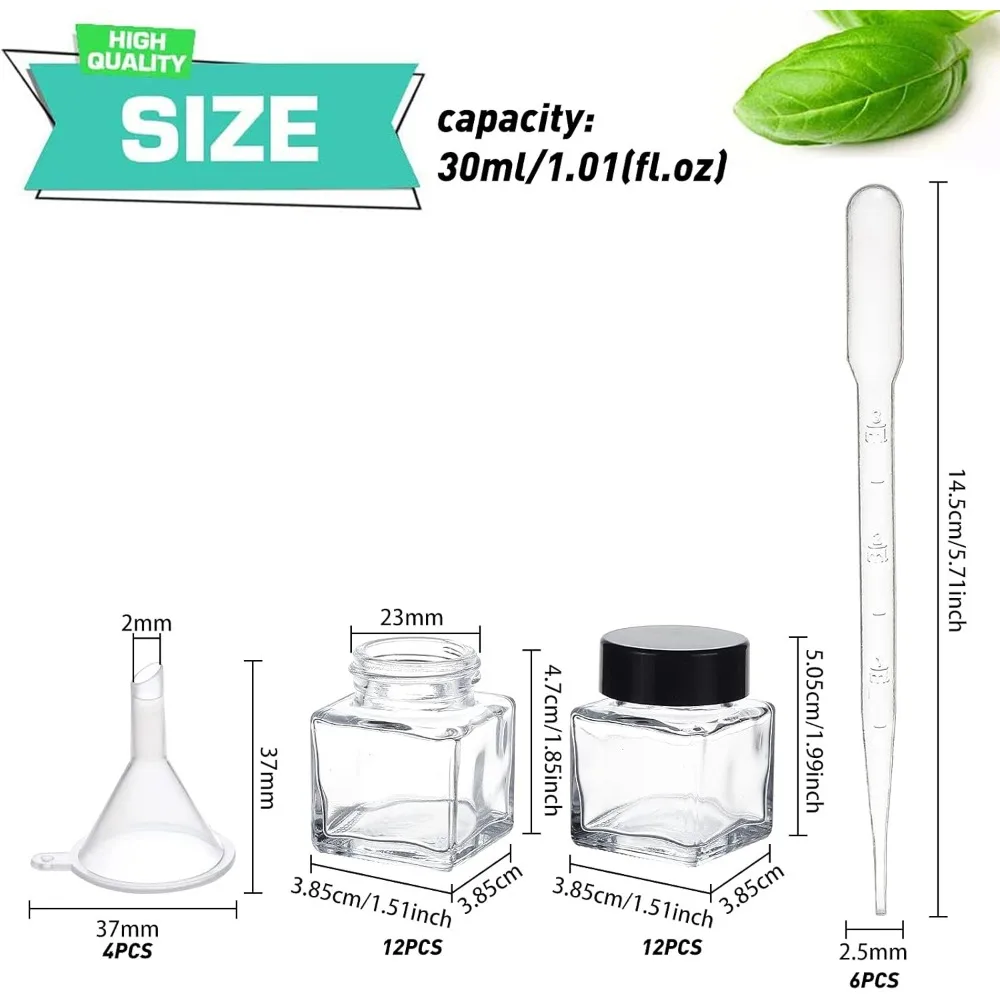 12 Pack 30ml Clear Empty Ink Bottles Glass Fountain Pen Ink Bottle with ABS Plastic Bottle Caps 4pcs Mini Transparent Plastic