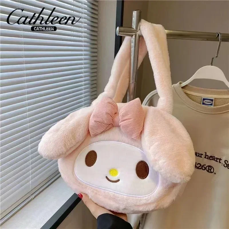 Bolsa de pelúcia Sanrio para mulheres, desenhos animados anime, minha melodia, Kuromi Cinnamoroll, kawaii, bonito, periférico, moda, presente de férias, atacado