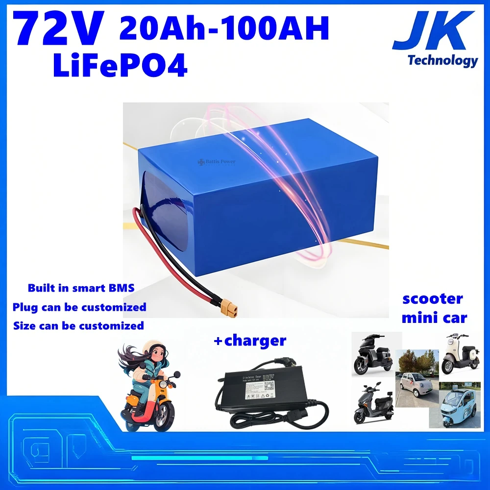 Tour Bus scooter 72V 50Ah 60Ah 80Ah 100Ah Grade A LiFePO4 lithium battery with BMS for 2KW 3KW 5KW tricycle Motor mini car